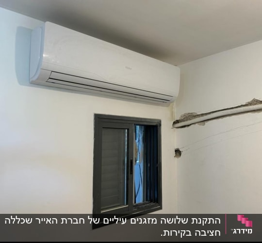 מזגן מותקן על קיר מעל חלון קטן